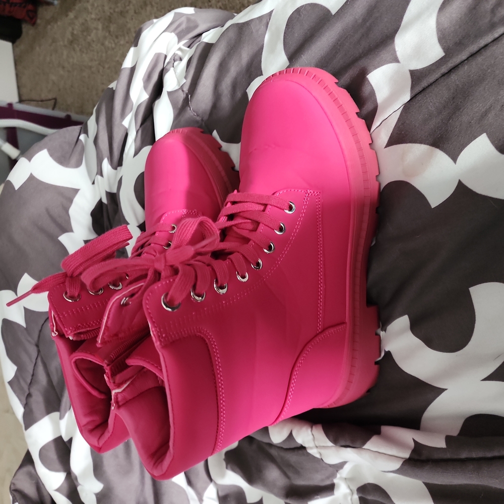 JustFab Pink Combat Boots with Lace-Up Design